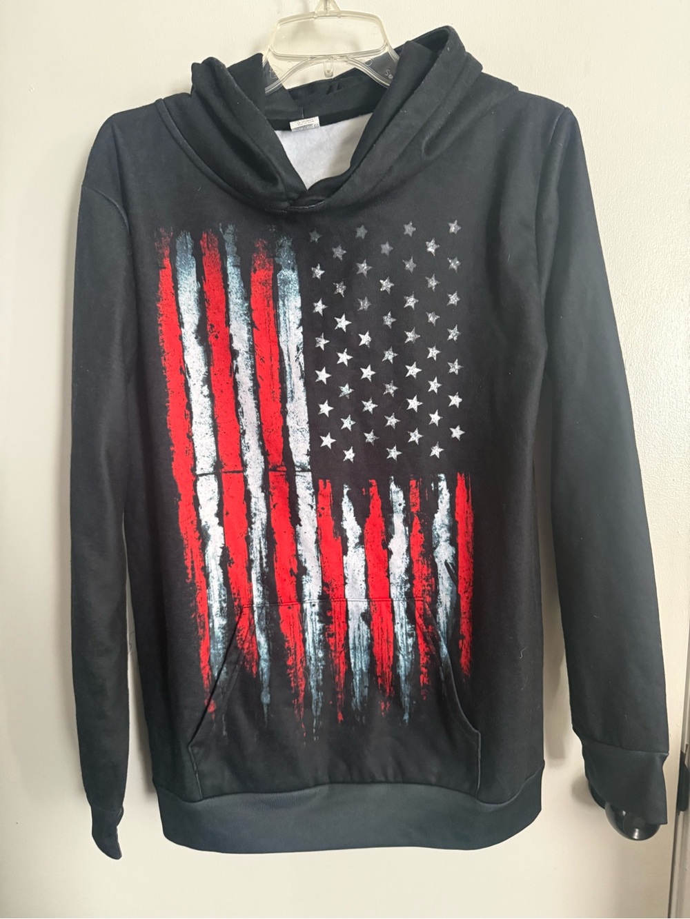 Men's Black Hoodie Sweater with Distressed Flag Graphic - Black/Red/White